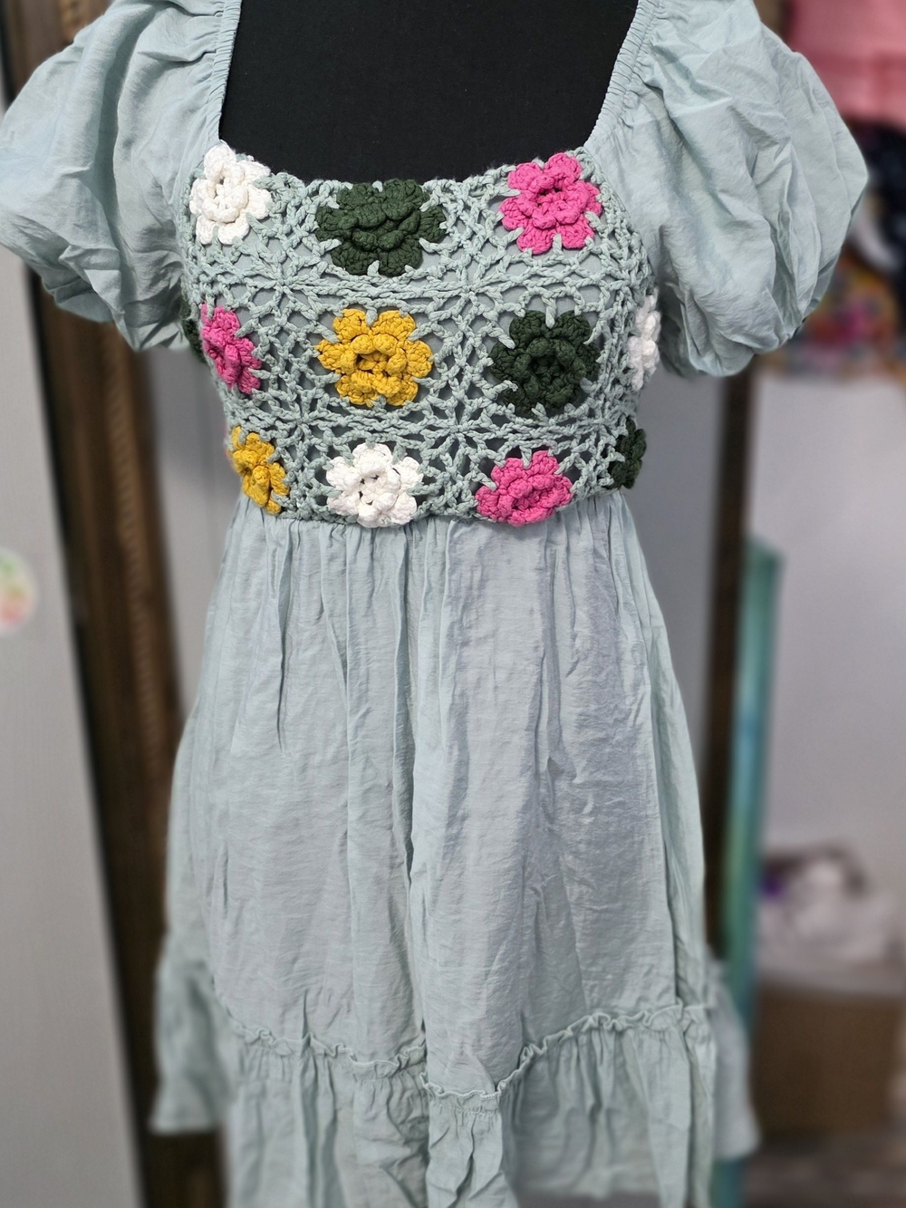 Umgee Light Blue Dress with Multicolor Crochet Flowers